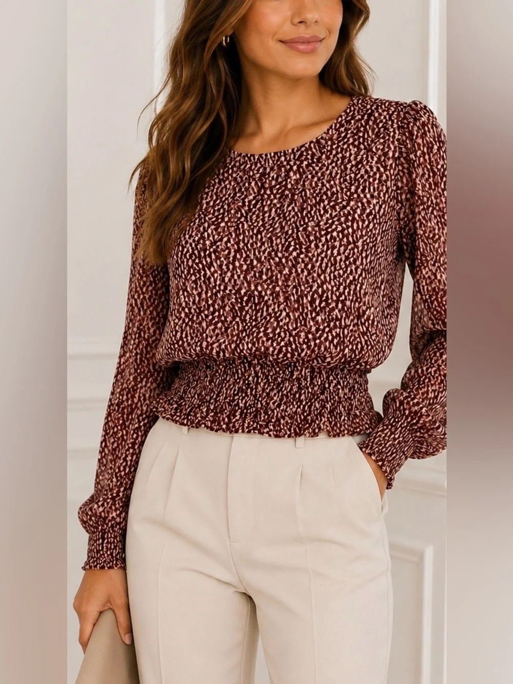 EXPRESS Maroon/Gold with Glitter Printed Long Sleeve Smocked Waist Top Blouse - Picture 1 of 11